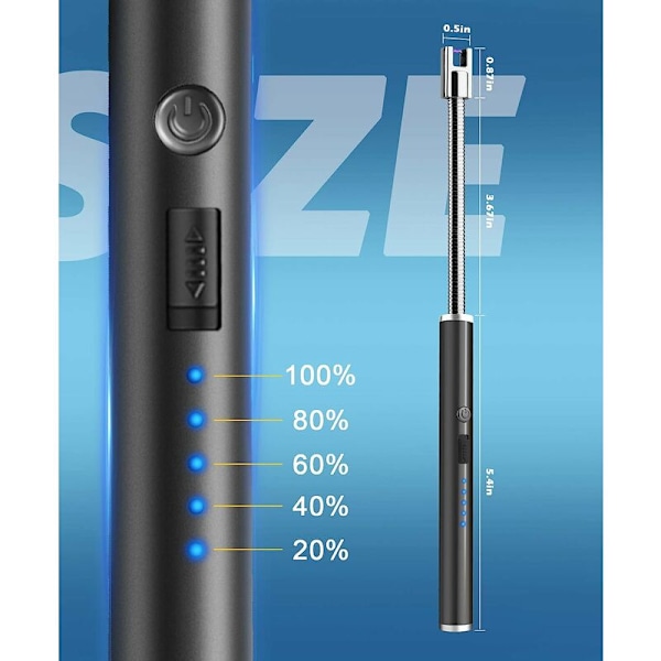 Genopladelig lysbuelighter med LED-display, 360° fleksibel hals, flammeløs lang grill til stearinlys, aromaterapi, camping, BBQ, gaskomfurer (sort)