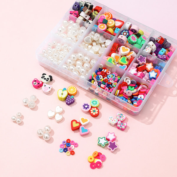 DIY æskesæt med bløde keramiske perler, et sæt sakse, et par transparente tråde, 2 ruller