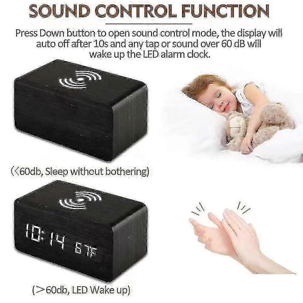 Trådlös laddning digital väckarklocka med LED-display och ljudkontroll Ebony