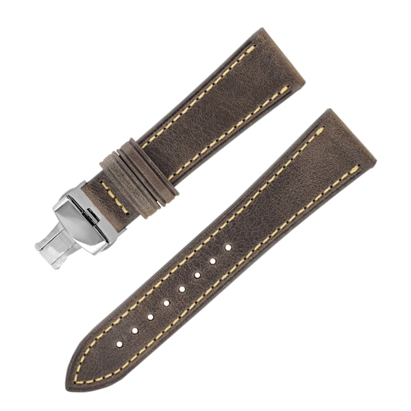 Klockarmband i äkta läder med fjärilsspänne - 22MM Grå Grå