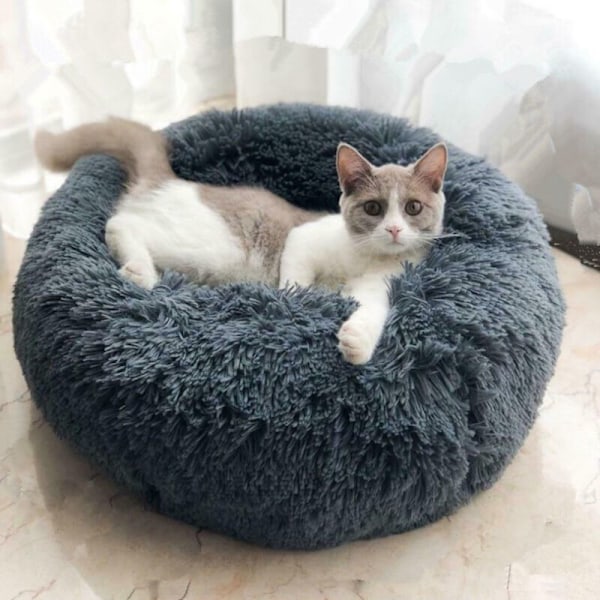80cm Hund Katt Säng Korg Rund Kudde Vinter Varm Plysch Djurbädd Mörkgrå