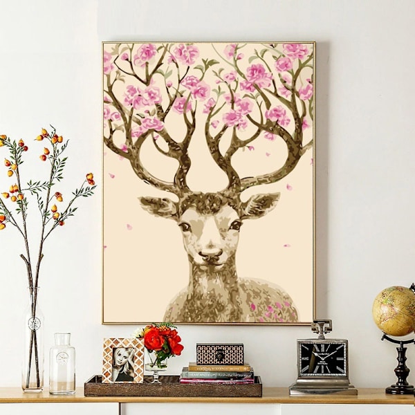 DIY Väggdekor Digital Oljemålning Hjort Handmålad Heminredningsbild med Ram (Blomsterhjort) (40*50),