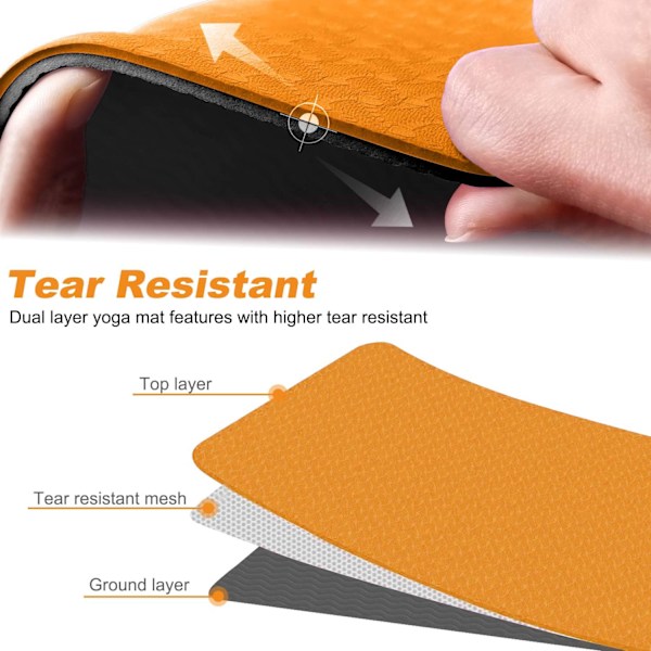 Yogamåtte, skridsikker træningsmåtte 183 cm x 61 cm x 6 mm, miljøvenlig sportsmåtte, rivefast, træningsmåtte med stropper, pilates, fitness, orange, sort,