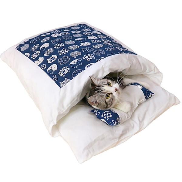 Kattbädd kattsäng sovsäck avtagbar och tvättbar kattfilt kennel kattsäng sovsäck blå M=