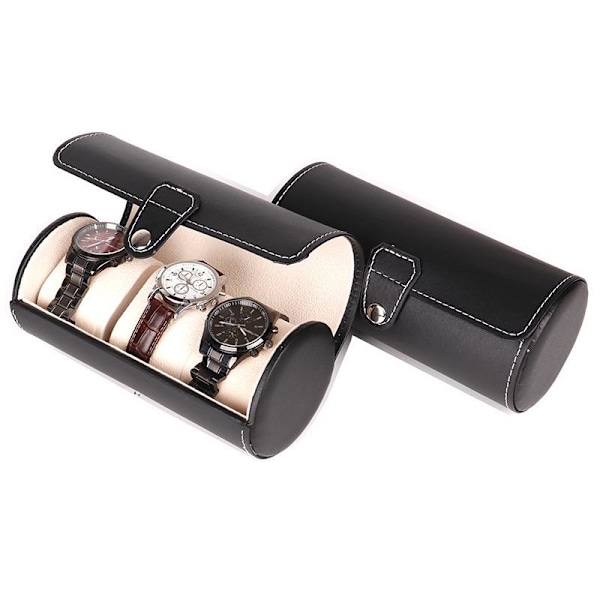 3-siffrig Cylinder Läder Klockbox för Förvaring och Visning 19*9cm (Svart),