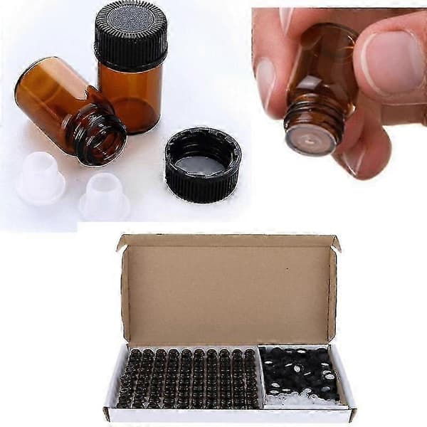 100 st 1ml 2ml 3ml Bärnstensfärgade Glasflaskor, Mini Eterisk Oljeflaskor Med Reducerare & Svart Plastlock 2ml 1ml
