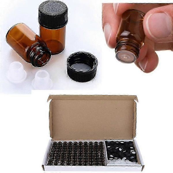 100 st 1ml 2ml 3ml Bärnstensfärgade Glasflaskor, Mini Eterisk Oljeflaskor Med Reducerare & Svart Plastlock 3ml 2ml