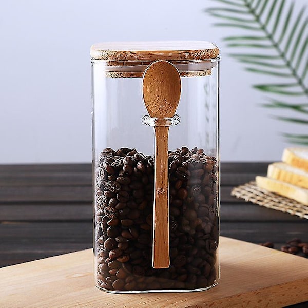 Förvaringsbehållare i japansk stil, fyrkantig, av glas med träsked, kryddbox, kaffebönbehållare, hushållsbehållare för mjölkpulver och te