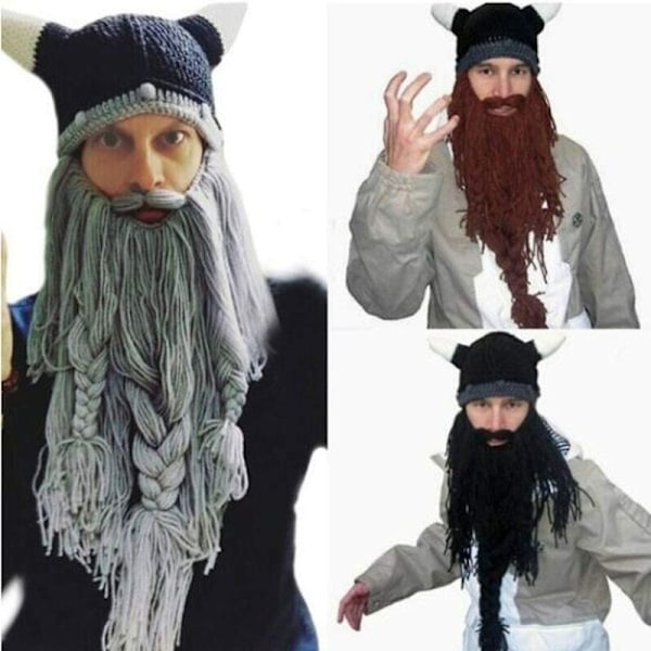 Voksen Horn Hat med Skæg - Viking Raider Skæg Hue, Skør Ski Hue, Vinter Varm Julehat Barbarian Vagabond Cosplay Mænd Kvinder