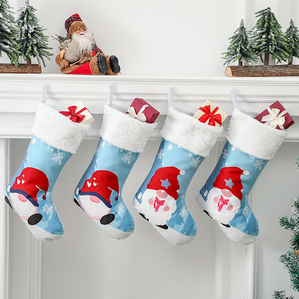 Julstrumpor, presentpåsar, ansiktslös äldre, tryckta strumpor, juldekorationer, julgranshängen (2 stycken)