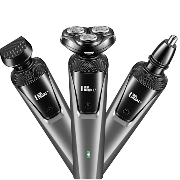 Tre-i-én vaskbar USB genopladelig trehovedet barbermaskinesæt (grå sætversion)