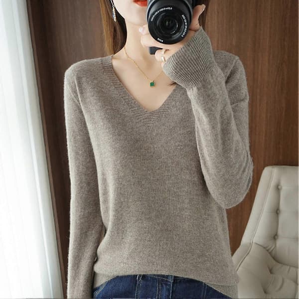 Dame V-hals Strikket Pullover Sweater Langærmet Uld Top Mørk Camel Dark Camel