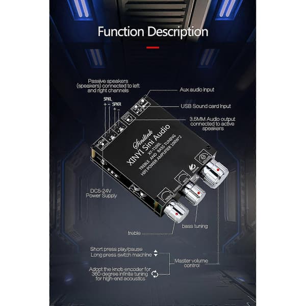Klass D 2.1-kanals Bluetooth 5.0-förstärkarkort 100W+100W Hemljud