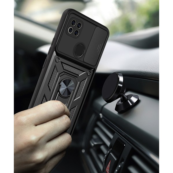 Magneettinen panssaroitu jalustallinen puhelinkotelo renkaalla Redmi 9C/POCO C3/10A Svart Sort