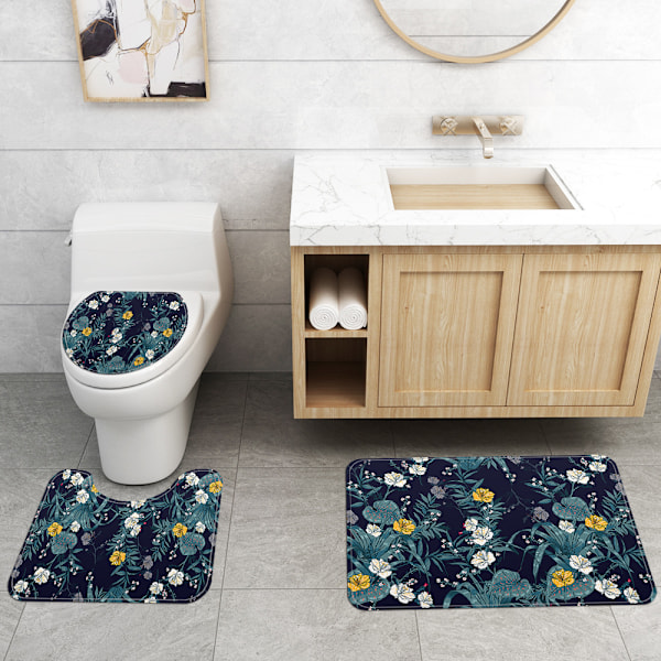 Bruseforhæng Fire-delt Toiletmåttesæt Håndmalet Blomsterprint Vandtæt Bruseforhæng, Y02,