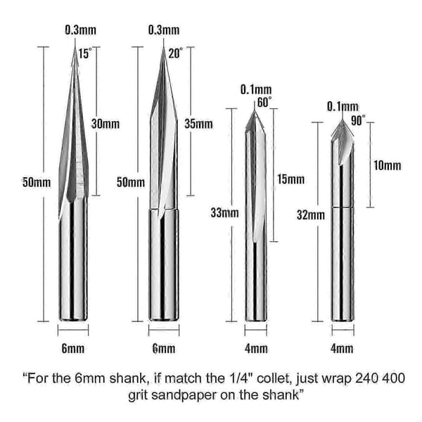 1/4\" skaft CNC-fræsejern 4 stk. wolframstål til trægravering 6 mm & 4 mm sølv silver