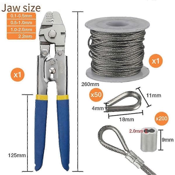 Wire Rope Crimping Tool, 50FT Wire Rope, Wire Crimping Tool Kit med 200 STK Aluminium Crimping Loop S