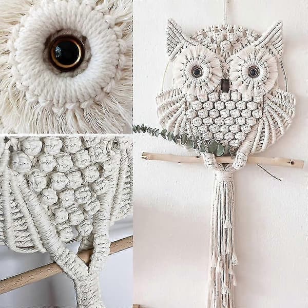Makrame Ugle Vægkunst 30cm Håndlavet Boho Indretning til Opholdsrum
