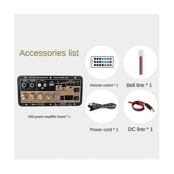 D50 35W effektforstærkerkort til subwoofer 12V/24V/220V Bluetooth Sort Black