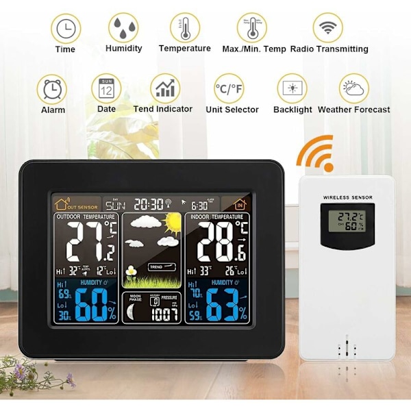 Trådlös väderstation med larm och temperatur/fuktighet/barometer/alarm/månklocka/väder med utomhussensor digital färgdisplay PT3365