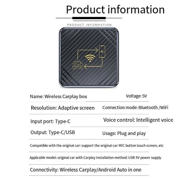 2 i 1 Trådløs Carplay Android Adapter Biladapter Trådløs Adapter Konverterer Problemfrit Kablet Android Auto til Trådløs A Guld Gold