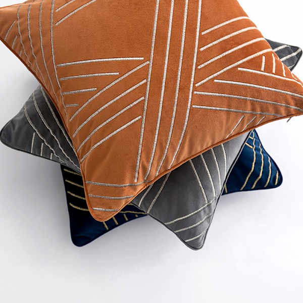 Holland Sammet Broderad Kuddfodral, Geometriska Linjer, Modern Lätt Lyx Soffkuddfodral (Blå, 45*45cm),