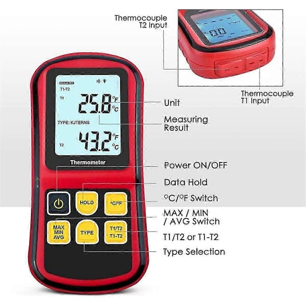 Högprecisions K-typ termometer med 2 prober och 2 temperaturklämmor