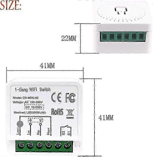 Mini Smart Light Switch DIY Breaker Module, AC/DC WiFi-brytare kontrollerad av Smart Life/Tuya App, Stöder 1-vägs eller 2-vägs