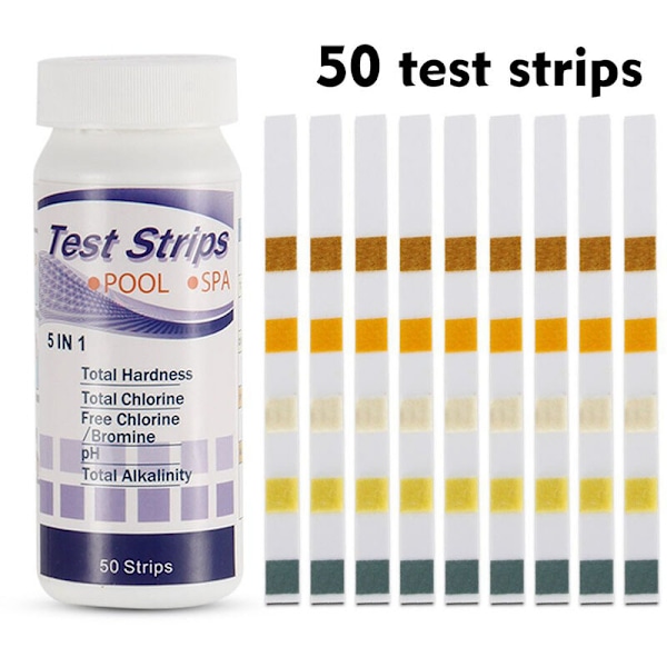 Testremsor, 5 i 1 Testremsor för Pool SPA, Resterande Klor/PH-värde/Alkalinitet/Vattenhårdhet Testremsor, En Flaska med 50 Remsor