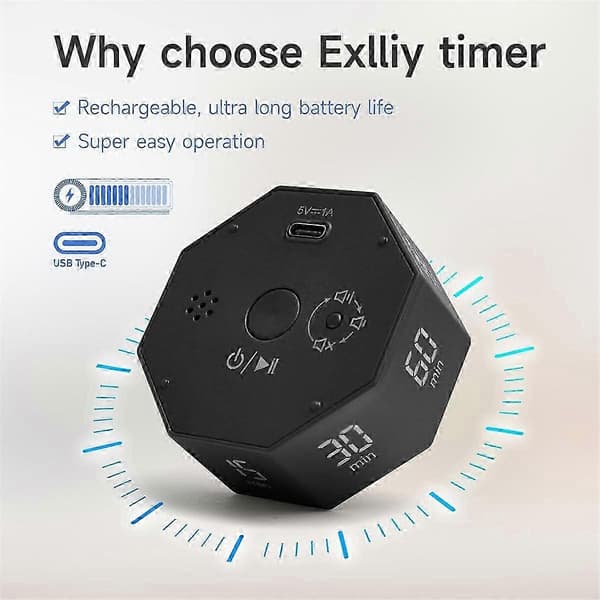 Justerbar visuel timer med 6 forudindstillede muligheder op til 90 minutter
