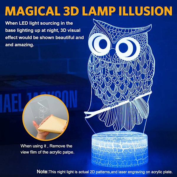 3D Illusion Lampor - 3D Nattlampor för Barn - Uggla Illusion, 16 Olika Färger för Pojkar och Flickor