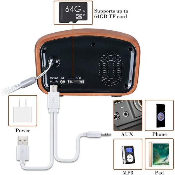 Bärbar Radio Bluetooth Högtalare Handgjord Retro Trä Bluetooth 4.2 Mini Högtalare med Super Bass Subwoofer med FM Radio Audio Input Jack