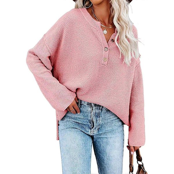 Damknäppt V-ringad Långärmad Tröja Våffelstickad Pullover för Höst Vinter Rosa L Pink M