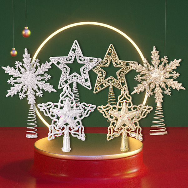 Julgransstjärna Plast Glitterpulver Fancy Toppstjärna Julgran Femuddig Stjärna Snöflinga-C-Guld