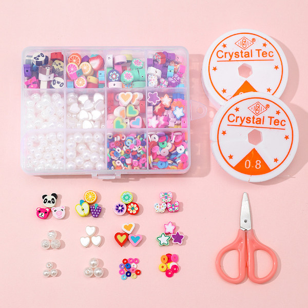 DIY æskesæt med bløde keramiske perler, et sæt sakse, et par transparente tråde, 2 ruller