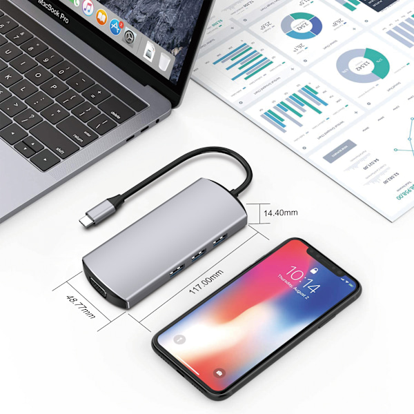 9-in-1 USB-C -keskitin useilla porteilla, mukaan lukien HDMI, VGA ja Ethernet