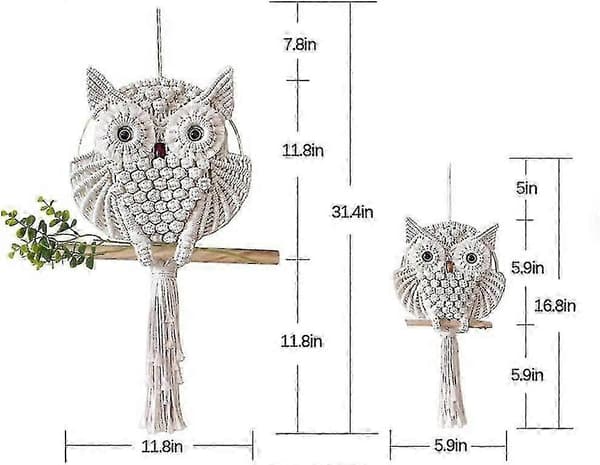 Makrame Ugle Vægkunst 30cm Håndlavet Boho Indretning til Opholdsrum