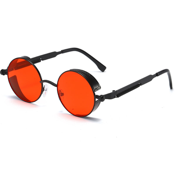 Steampunk Glasögon Mode Runda Solglasögon Retro Trendiga Solglasögon för Män och Kvinnor (Svart Ram Röd)