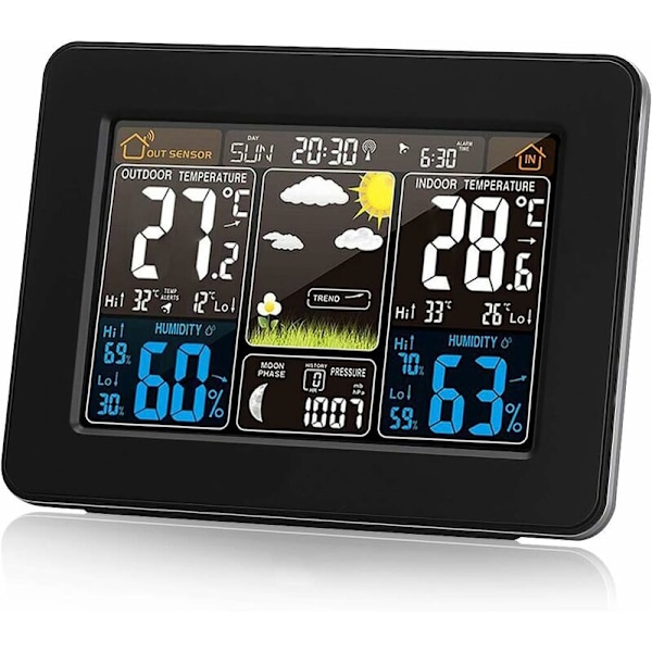 Trådlös väderstation med larm och temperatur/fuktighet/barometer/alarm/månklocka/väder med utomhussensor digital färgdisplay PT3365