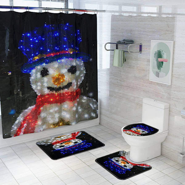 Jouluinen Lumimies Sarja 3D Digitaalinen Tulostus Vedenpitävä Suihkuverho Kylpymatto WC 4 Osainen Set, A05,