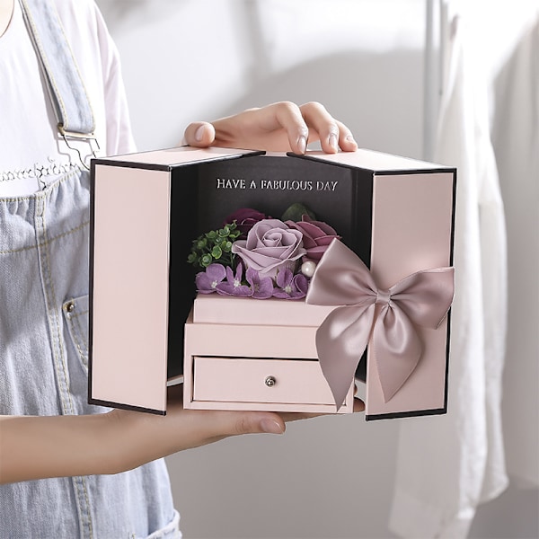 Rosentvål Blomma Lådpresentförpackning Dubbeldörr, Evig Blomma Present (Lila, Rosa Dubbeldörrs Tvål Blomma Presentförpackning),