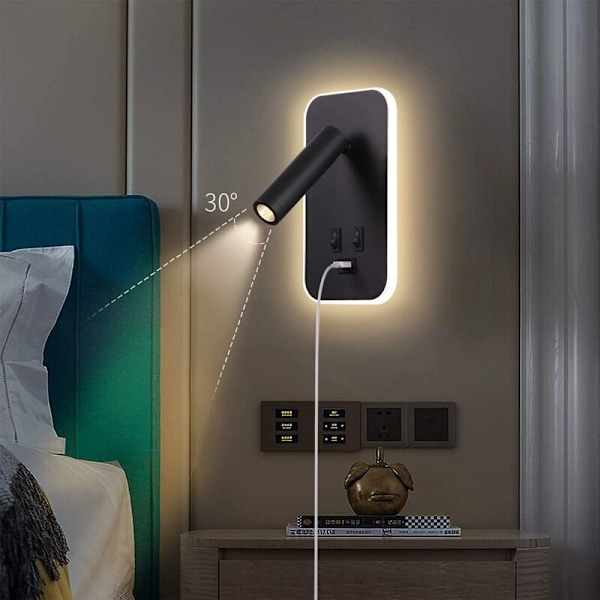 LED Væglampe, Sengelampe med kontakt, USB-ladeport, Stemningsbelysning til soveværelset Justerbar spotlight (3W 3000K + 9W 6000K) Sort