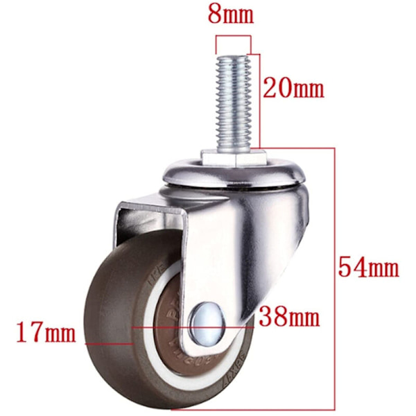 4 st M8x20mm Svängbara Hjul Gummihjul Diameter 38mm för Möbler Spjälsängar Vagnar