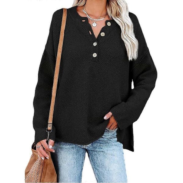 Damknäppt V-ringad Långärmad Tröja Våffelvirkad Pullover för Höst Vinter Brun S Black 2XL
