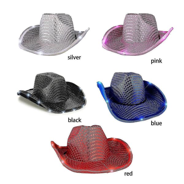 Cowboyhat med pailletter og LED, voksen polterabendhat til kostume