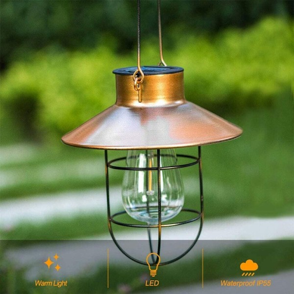 Solcellsdriven utomhus trädgårdslampa Retro Ljuskrona Trädgård Smidesjärn Hängande Lampa Brons Stor Skiva S-Krok