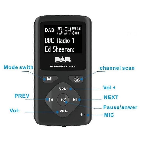 DAB digitalradio i lommestørrelse med Bluetooth 4.0 og MP3-afspiller sort black