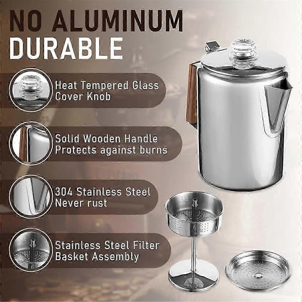 Kaffeperkolatorer til komfur til camping, perkolator kaffekande i rustfrit stål kaffemaskine camping sølv Silver