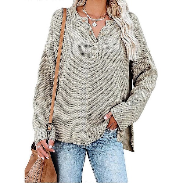 Dame V-hals langærmet sweater med knapper, vaffelstrikket pullover til efterår og vinter, khaki, M Khaki S