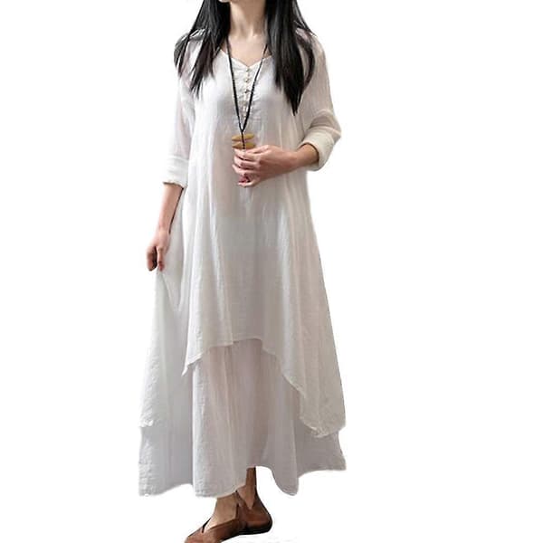 Dam Casual Boho Långärmad Bomull Linne Maxi Klänning Sommarklänning V Ringning m vit white m